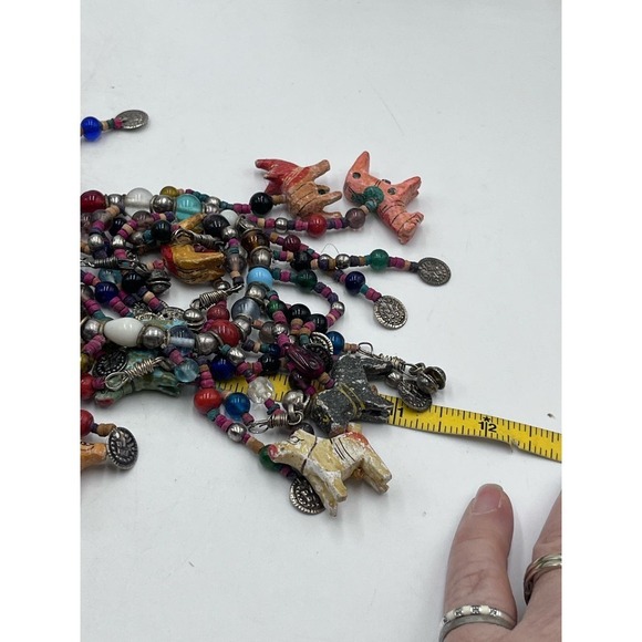 AFRICAN Glass Bead and Carved Animal Dangle Fringe Multicolor Statement Necklace - Picture 12 of 16